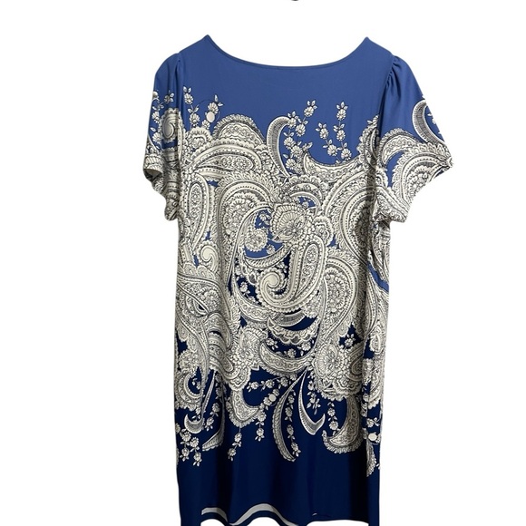 Talbots Effortless Jersey Shift Paisley Blue and White Midi Dress Size 1XP - Picture 4 of 10